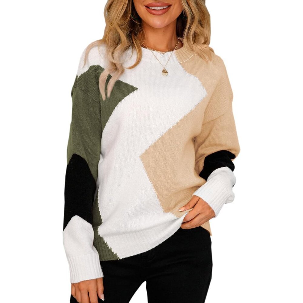 Women's Color Block Pullover Sweater Long Sleeve Knit Casual Fall